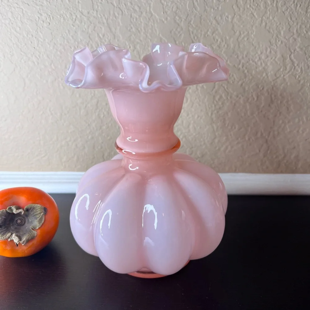 Vintage Fenton Art Glass 8” Dusty Rose Pink Overlay Melon Vase w Double Crimped